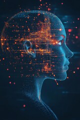 Poster - Digital rendering of an AI-inspired human head with technology elements