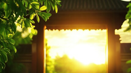 Wall Mural - serene sunset view through a traditional archway surrounded by lush greenery