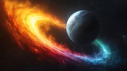 Wall Mural - Fiery, colorful nebulae swirl around a celestial body.