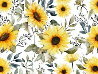 Wall Mural - Watercolor painting of sunflowers on a white background.