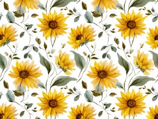 Wall Mural - Watercolor painting of sunflowers on a white background.