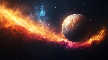 Wall Mural - A vibrant alien planet bathed in fiery nebulae.