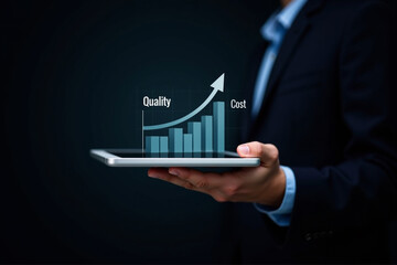 Fototapete - Control Quality and cost optimization for products or services to improve customer satisfaction, enhance company performance. Businessman touching concept. Successful corporate strategy, management.