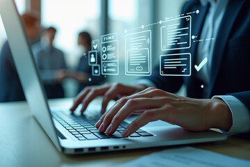Poster - Businessman showing online document validation icon, Concepts of practices and policies, company articles of association, Terms and Conditions, regulations and legal advice, corporate policy.