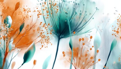 Wall Mural - Watercolor abstract flower in orange and teal color.