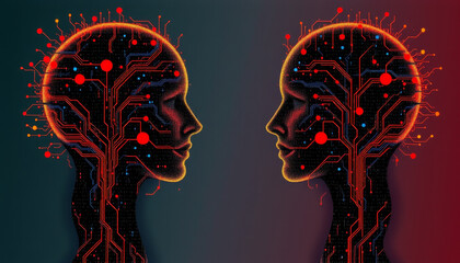 Poster - digital art of two human like heads with circuit patterns, symbolizing technology and connection