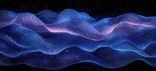 Poster - abstract visualization of glowing waves in space with vibrant blue and purple hues