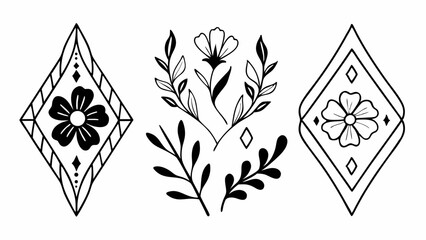 Poster - Three floral arrangements with diamonds and flowers in a black and white outline style design created with generated ai