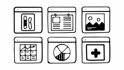 Poster - Illustration of six hand drawn application windows with different symbols displayed inside each one created with generated ai