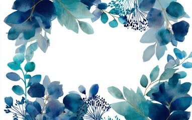 Wall Mural - Watercolor floral border in blue color.