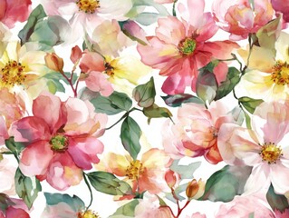 Wall Mural - Watercolor painting of pink and yellow flowers.