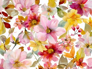 Wall Mural - Watercolor painting of pink and yellow flowers.