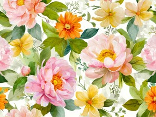 Wall Mural - Watercolor painting of pink and yellow flowers.