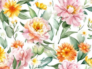 Wall Mural - Watercolor painting of pink and yellow flowers.