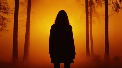 Wall Mural - silhouette of a person standing in a misty forest at sunset, creating a mysterious atmosphere
