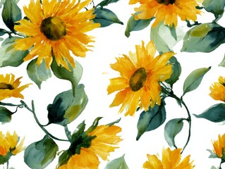 Wall Mural - Watercolor painting of sunflowers on a white background.