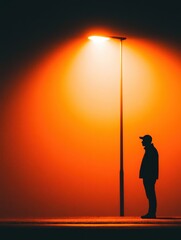Wall Mural - silhouette of a person standing under a streetlamp in a foggy orange atmosphere at night