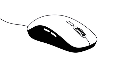a black and white illustration of a computer mouse with a cable on a black background design art