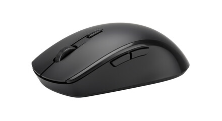 close up view of a sleek black wireless computer mouse with a scroll wheel and side buttons