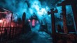© Affan - A haunted house attraction with eerie lighting, fog, and ghostly decorations --ar 16:9 --v 6.1 Job ID: 5b9fa531-43d5-4184-a202-b6f7e3a0516b