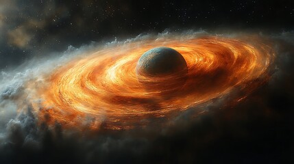 Wall Mural - Fiery ringed planet in a cosmic nebula.