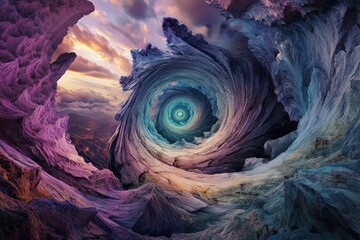 Poster - Explore the mesmerizing colors and shapes within a swirling vortex during twilight hours, Journey into the Vortex