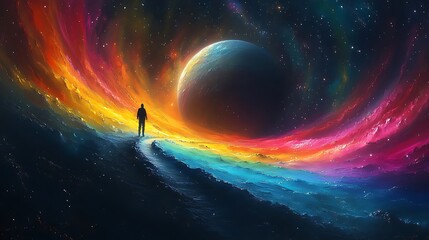 Wall Mural - Colorful cosmic landscape with solitary figure.