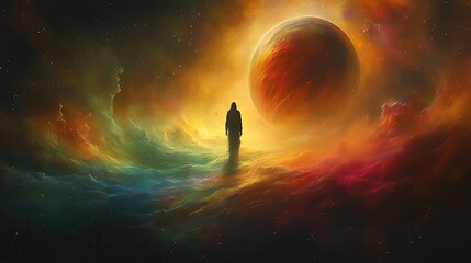 Wall Mural - Silhouette figure in vibrant cosmic nebula.
