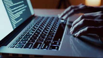 Aufkleber - Concentrated programmer hands typing programming code on laptop keyboard in dimly lit workspace, developing software or website during late night working session