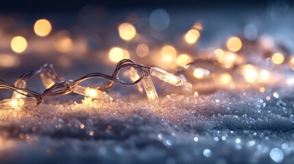 Poster - glowing fairy lights on frosty surface with soft bokeh background
