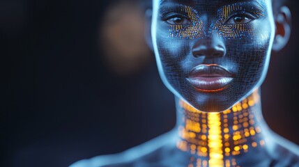 Poster - Futuristic ai portrait digital realm high-resolution image sci-fi setting close-up view human-machine interaction