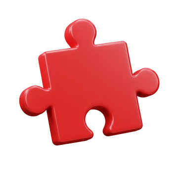 Red jigsaw puzzle piece. 3d rendering isolated on white background. Cartoon plastic style icon