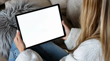 Leinwandbilder - Woman sitting comfortably on sofa, displaying tablet with blank white screen mockup from over shoulder perspective, showcasing digital communication and casual lifestyle