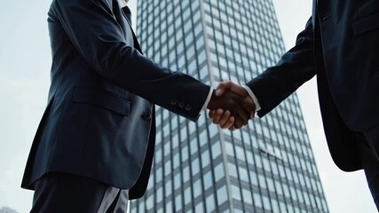 Poster - Professional businesspeople shaking hands, sealing partnership agreement in front of sleek skyscraper, symbolizing successful corporate collaboration and mutual trust in urban business environment