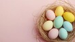 © Nasr - Modern Easter themed flat lay decorative eggs pastel tones of mint yellow blush sky blue arranged organically on a pink background with a wicker basket minimalist boho holiday design with spring vibes