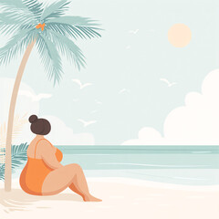  flat vector illustration of woman sitting alone by ocean under palm tree on beach with tranquil coastal scenery tropical vacation solitude nature relaxation summer peaceful outdoor environment