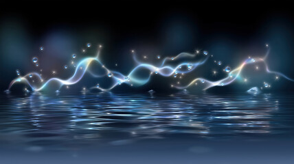Poster - Sparkling water surface with illuminated waves and bubbles at night