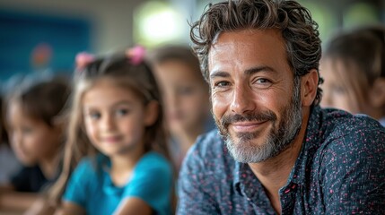 Caring Teacher Smiles Amongst Attentive Students in a Classroom Environment