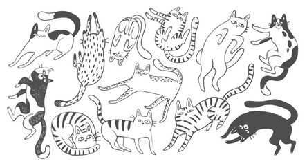 Naklejka na meble Doodle outline quirky cats hand drawn illustration, whimsical black ink cats print, cartoon pet line art