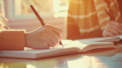 Poster - Sunlight illuminates a woman's hands as she writes in a notebook, captured in a slow motion montage, creating a peaceful and focused atmosphere