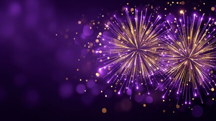 Poster - Festive Purple and Gold Fireworks - Sparkling purple and gold fireworks burst against a deep purple background, perfect for celebratory designs