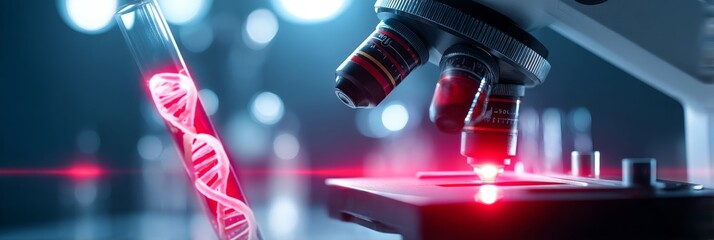Poster - Genetic Research and Microscopy - A microscope lens focuses on a test tube containing a glowing DNA strand, symbolizing scientific breakthroughs in genetic research
