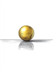 Poster - Golden Sphere Reflection - A single, shiny golden sphere rests on a reflective surface, casting a clear reflection. Simple, elegant design