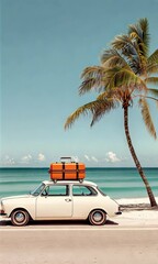 Aufkleber - Vintage white car with orange luggage on its roof parked on a road near a tropical beach with palm trees, providing a summer travel concept with copy space for text or design