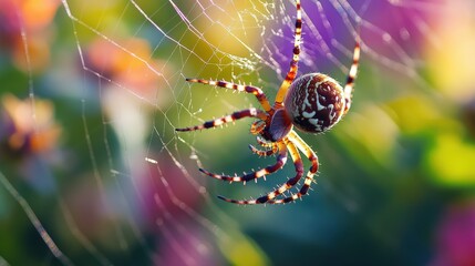 a colorful orb weaver spider in its intricate web amongst vibrant flowers.