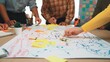 © InfiniteFlow - A diverse team gathers around a large paper, engaging in a vibrant brainstorming session using sticky notes and markers, promoting creativity and collaboration in a modern workspace. SACTR