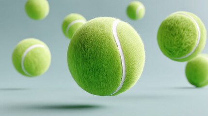 Poster - Bunch of tennis balls are flying through the air. The balls are green and white. Concept of motion and energy, as if the balls are in mid-air during a game of tennis