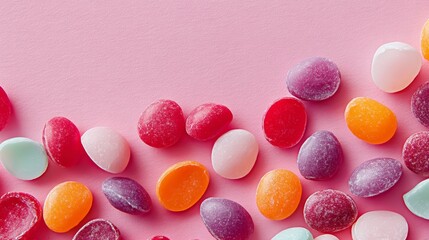 Poster - Bunch of colorful gummy bears are scattered on a pink background. The gummy bears come in a variety of colors, including red, orange, and purple. Concept of fun and playfulness