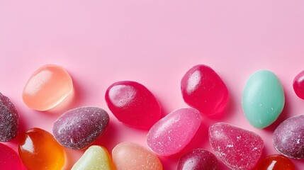Poster - Row of colorful gummy bears are arranged on a pink background. The gummy bears come in a variety of colors, including red, green, and yellow. Concept of fun and playfulness