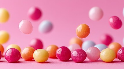 Poster - Bunch of colorful jelly beans are flying through the air. The jelly beans are in various colors, including pink, yellow, and orange. The scene is lively and playful